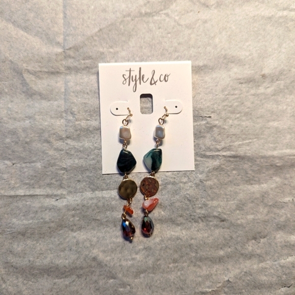 Style & Co Gold-Tone Disc Pearl Mixed Stone Linear 3 inch Drop Earrings NWT - Picture 2 of 6